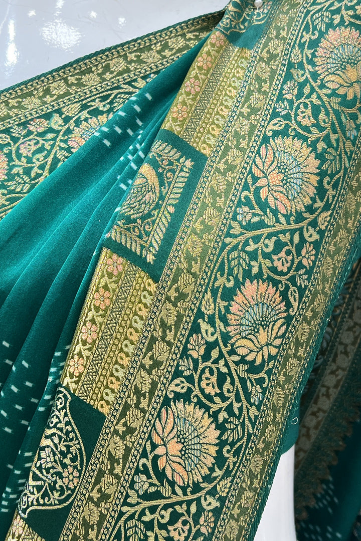 Leaf Green Banaras work and Bandini Print Saree