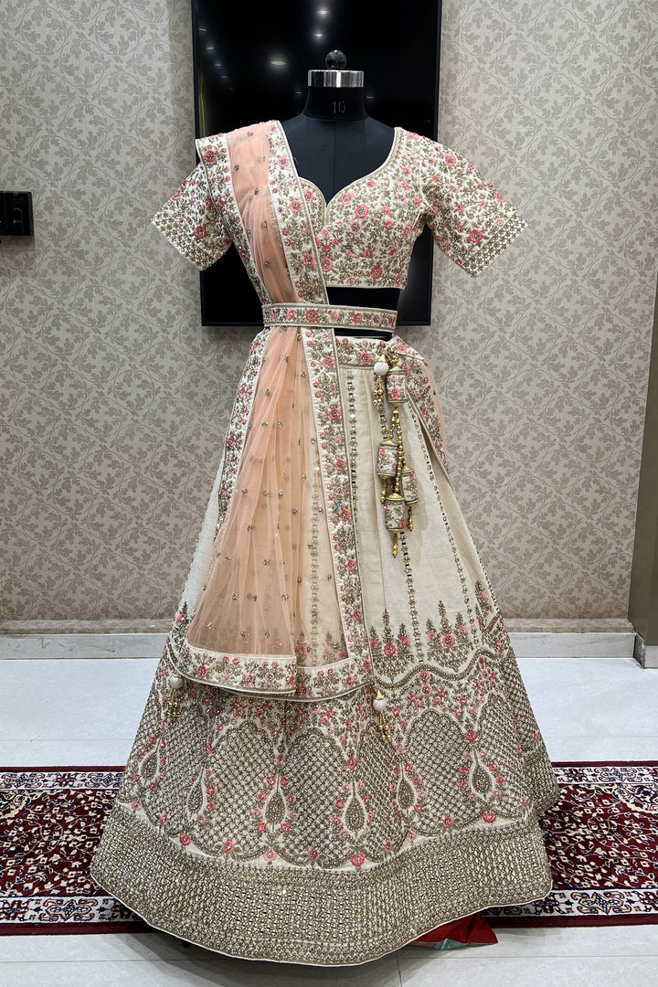 Cream Mirror, Stone, Zari and Embroidery work Crop Top Designer Bridal Lehenga