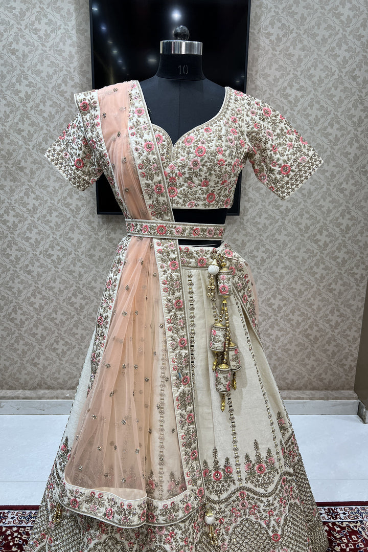 Cream Mirror, Stone, Zari and Embroidery work Crop Top Designer Bridal Lehenga