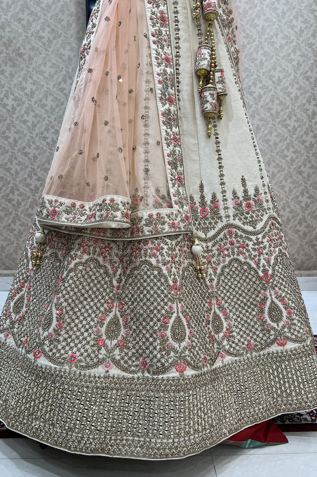 Cream Mirror, Stone, Zari and Embroidery work Crop Top Designer Bridal Lehenga