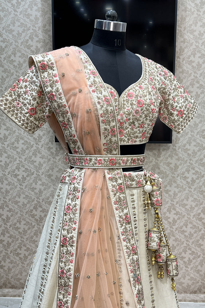 Cream Mirror, Stone, Zari and Embroidery work Crop Top Designer Bridal Lehenga