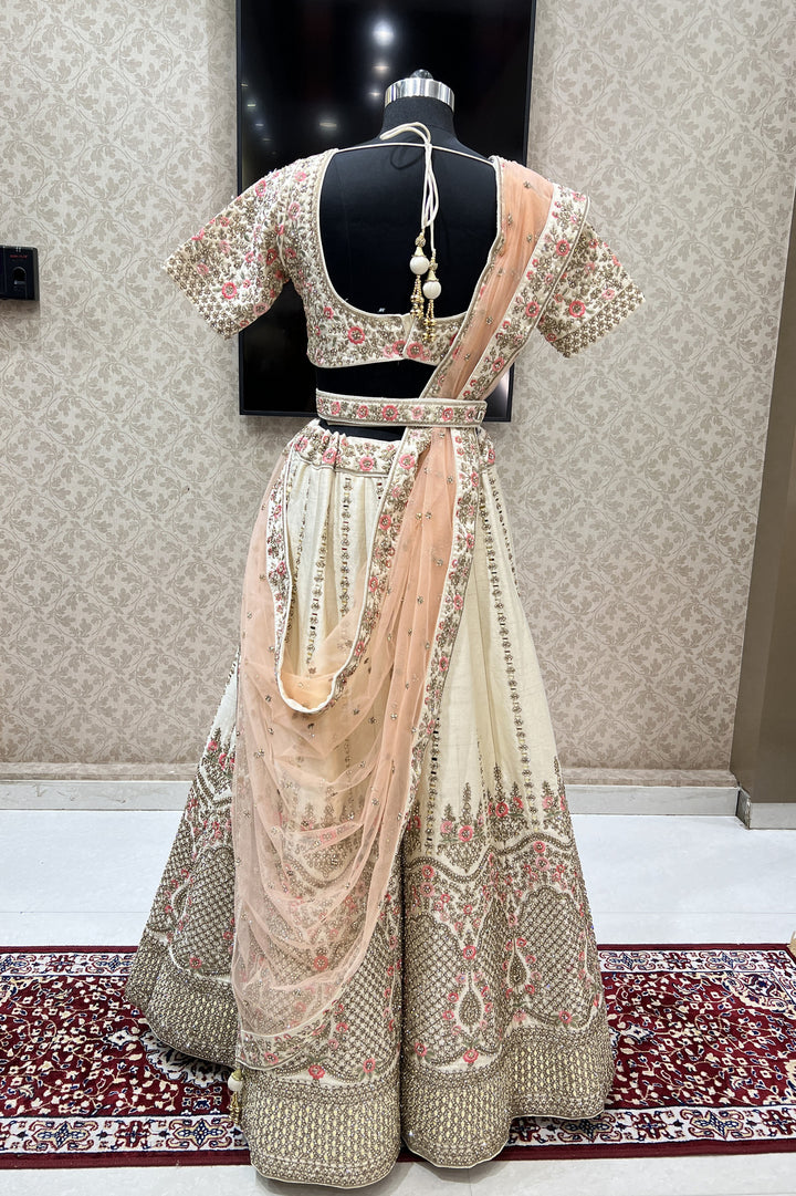 Cream Mirror, Stone, Zari and Embroidery work Crop Top Designer Bridal Lehenga