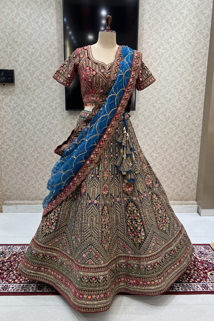 Multicolor Embroidery, Stone, Zari and Sequins work Crop Top Designer Bridal Lehenga