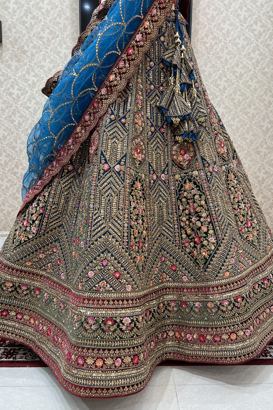 Multicolor Embroidery, Stone, Zari and Sequins work Crop Top Designer Bridal Lehenga