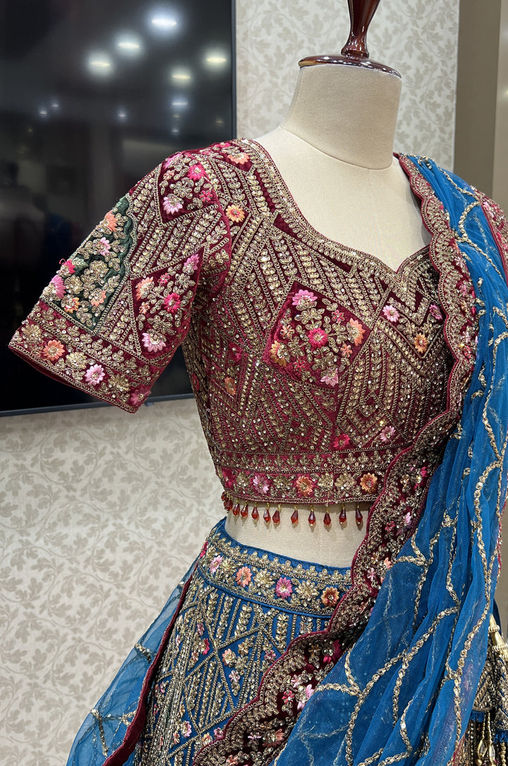 Multicolor Embroidery, Stone, Zari and Sequins work Crop Top Designer Bridal Lehenga