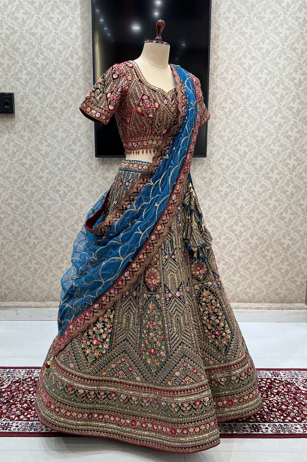 Multicolor Embroidery, Stone, Zari and Sequins work Crop Top Designer Bridal Lehenga