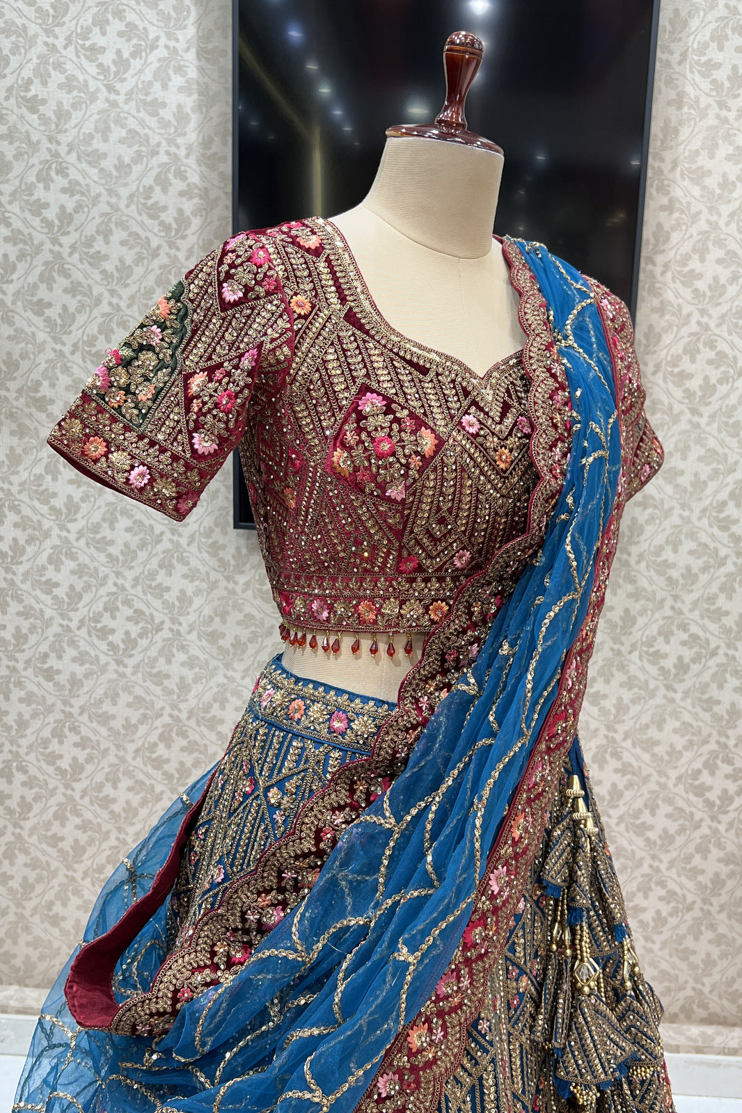 Multicolor Embroidery, Stone, Zari and Sequins work Crop Top Designer Bridal Lehenga