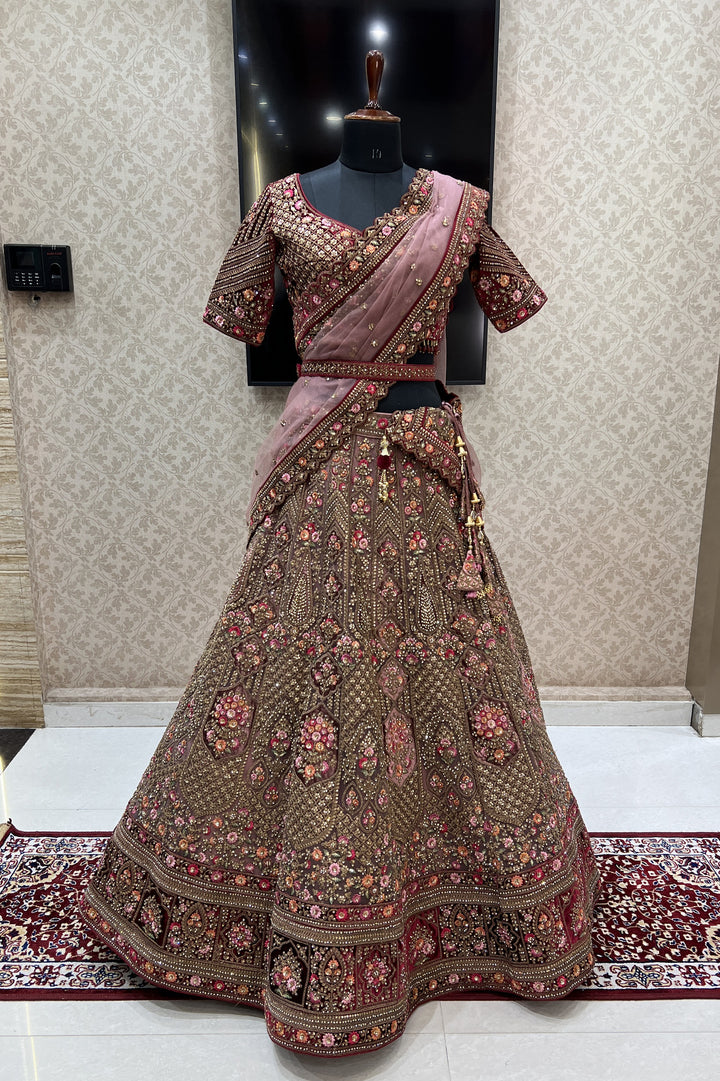 Onion Pink with Maroon Zari, Sequins and Stone work Crop Top Designer Bridal Lehenga