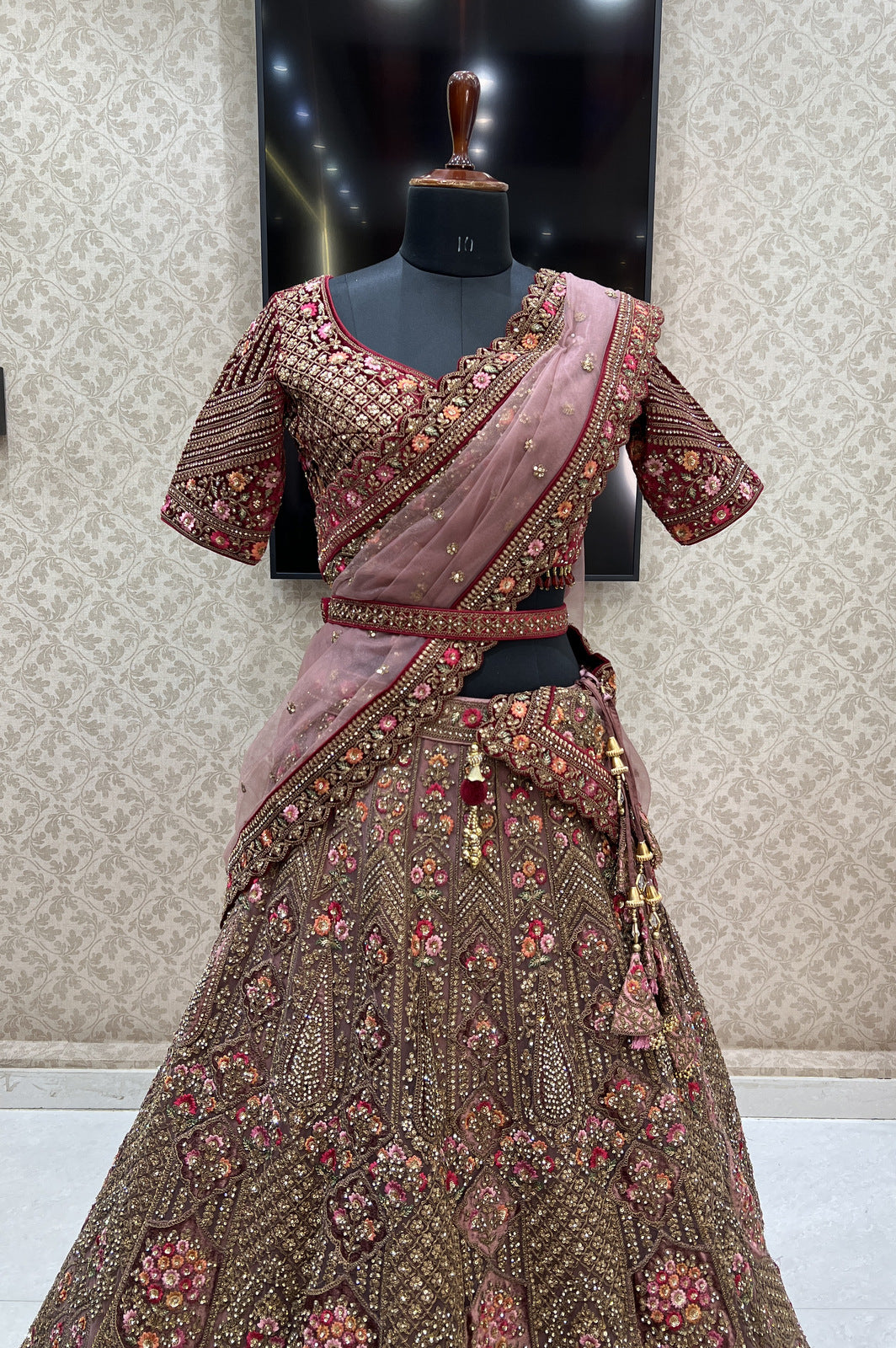 Onion Pink with Maroon Zari, Sequins and Stone work Crop Top Designer Bridal Lehenga