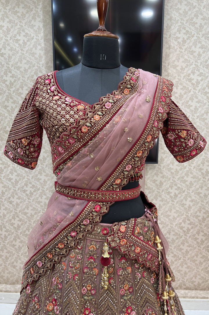 Onion Pink with Maroon Zari, Sequins and Stone work Crop Top Designer Bridal Lehenga