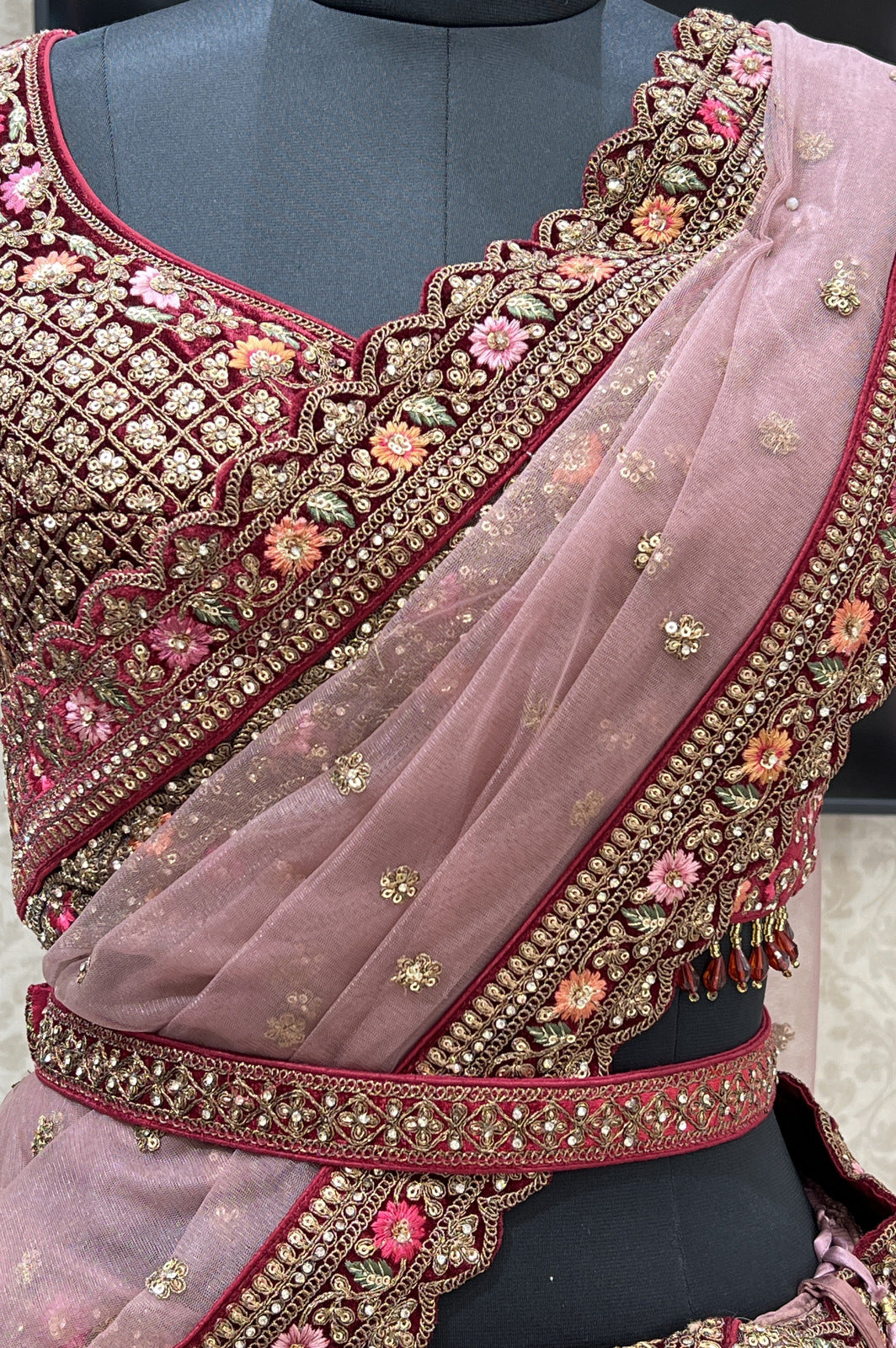 Onion Pink with Maroon Zari, Sequins and Stone work Crop Top Designer Bridal Lehenga