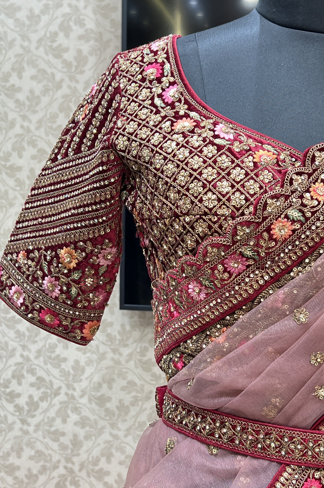 Onion Pink with Maroon Zari, Sequins and Stone work Crop Top Designer Bridal Lehenga