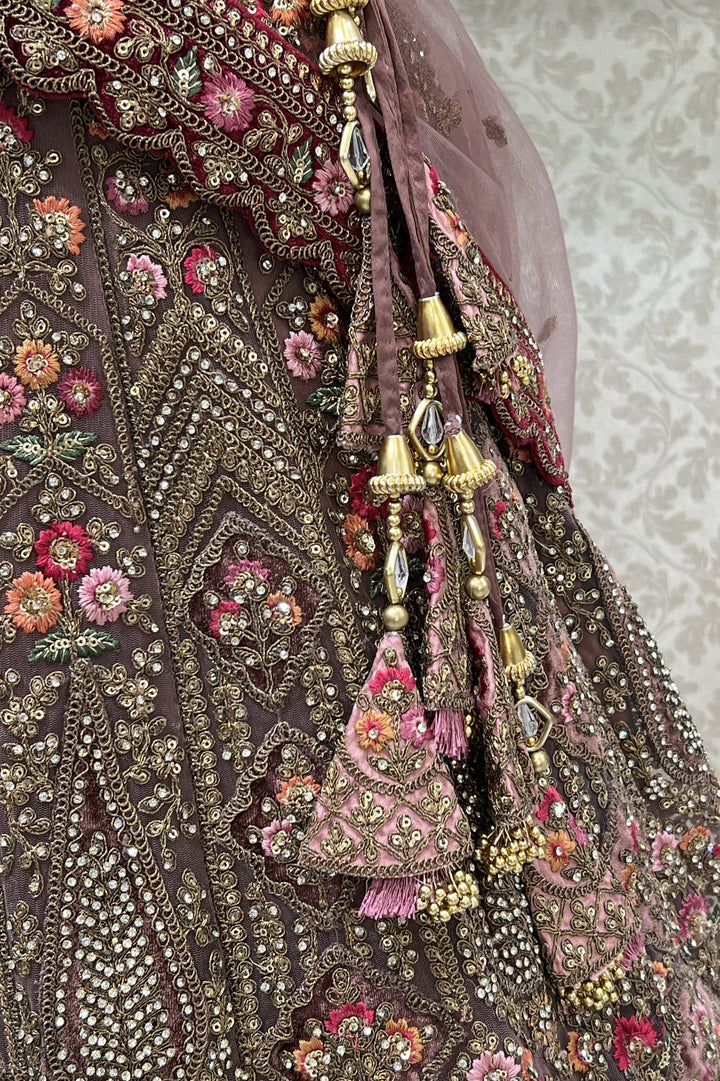 Onion Pink with Maroon Zari, Sequins and Stone work Crop Top Designer Bridal Lehenga