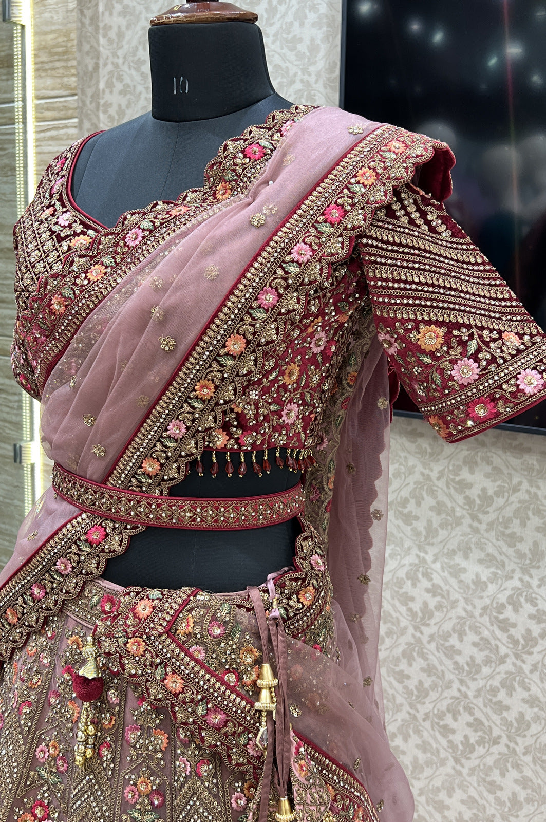 Onion Pink with Maroon Zari, Sequins and Stone work Crop Top Designer Bridal Lehenga