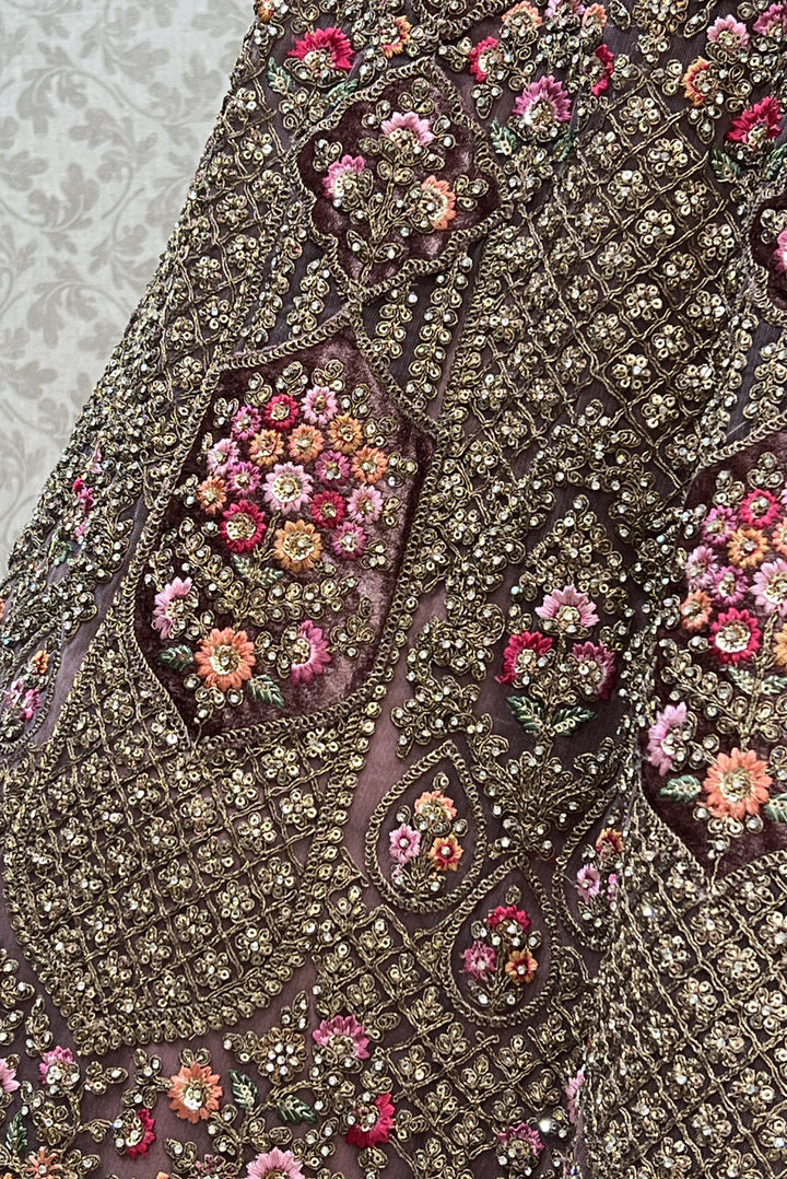 Onion Pink with Maroon Zari, Sequins and Stone work Crop Top Designer Bridal Lehenga