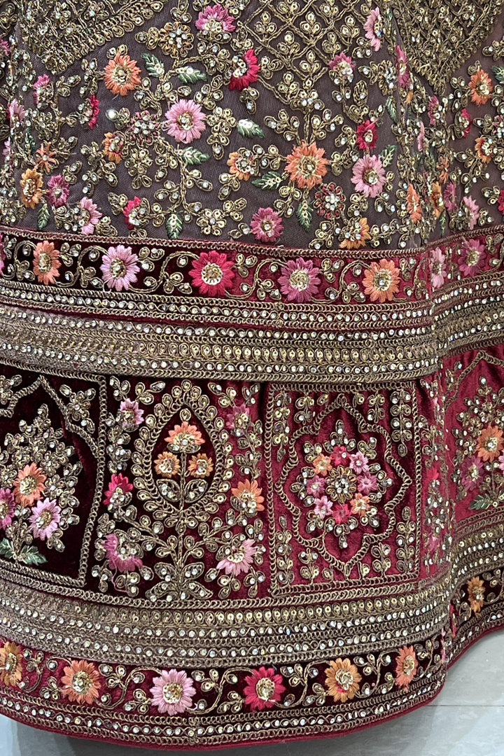 Onion Pink with Maroon Zari, Sequins and Stone work Crop Top Designer Bridal Lehenga