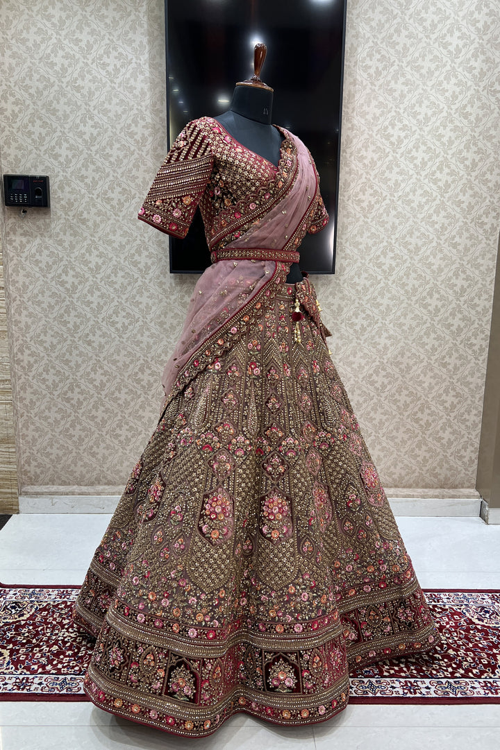 Onion Pink with Maroon Zari, Sequins and Stone work Crop Top Designer Bridal Lehenga