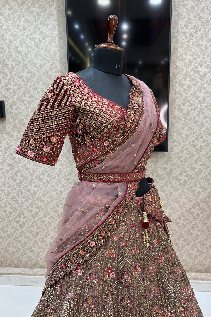 Onion Pink with Maroon Zari, Sequins and Stone work Crop Top Designer Bridal Lehenga