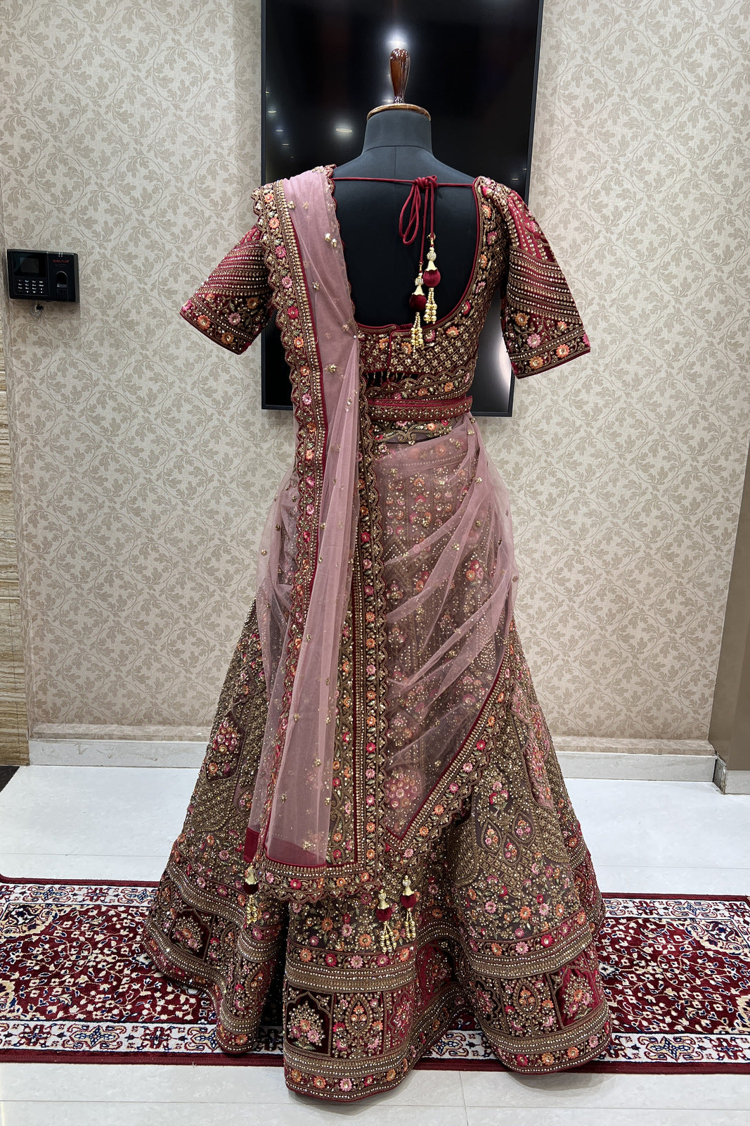 Onion Pink with Maroon Zari, Sequins and Stone work Crop Top Designer Bridal Lehenga