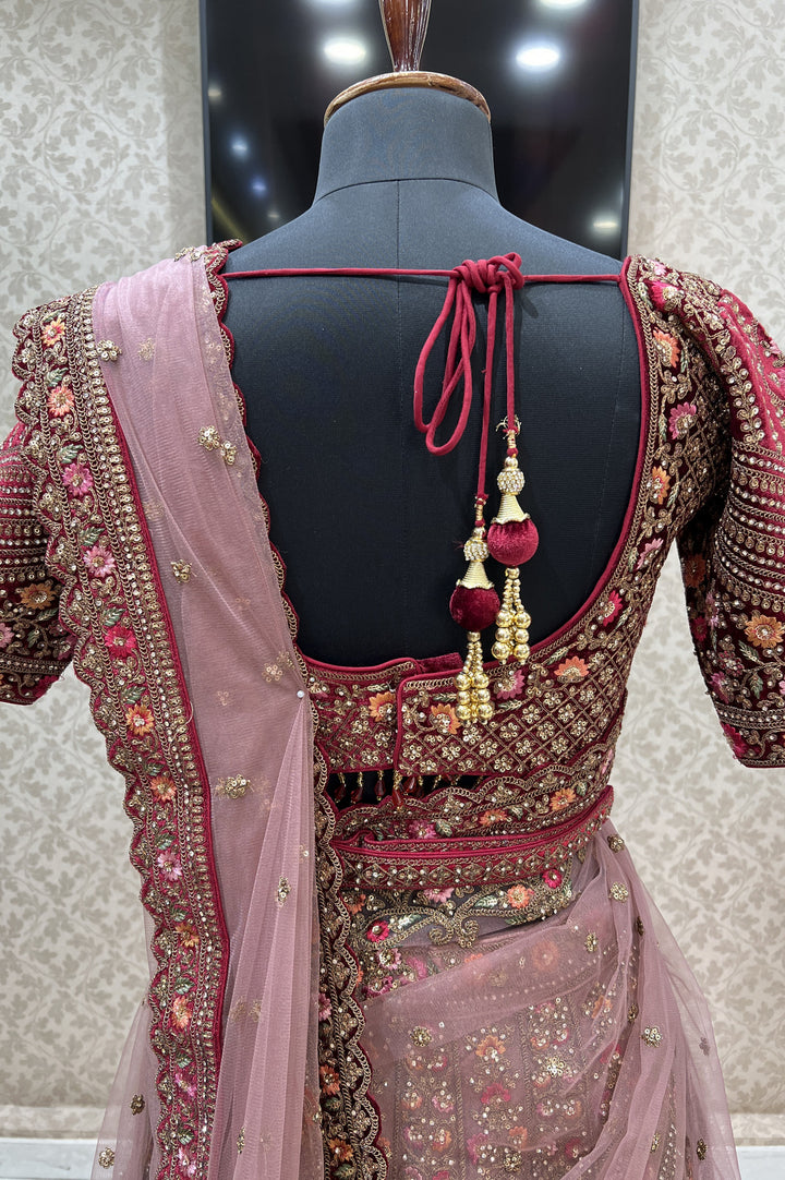 Onion Pink with Maroon Zari, Sequins and Stone work Crop Top Designer Bridal Lehenga