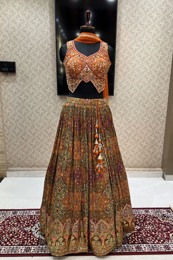 Rust Mirror, Sequins, Zari, Embroidery and Banaras work with Bandini Print Crop Top Lehenga