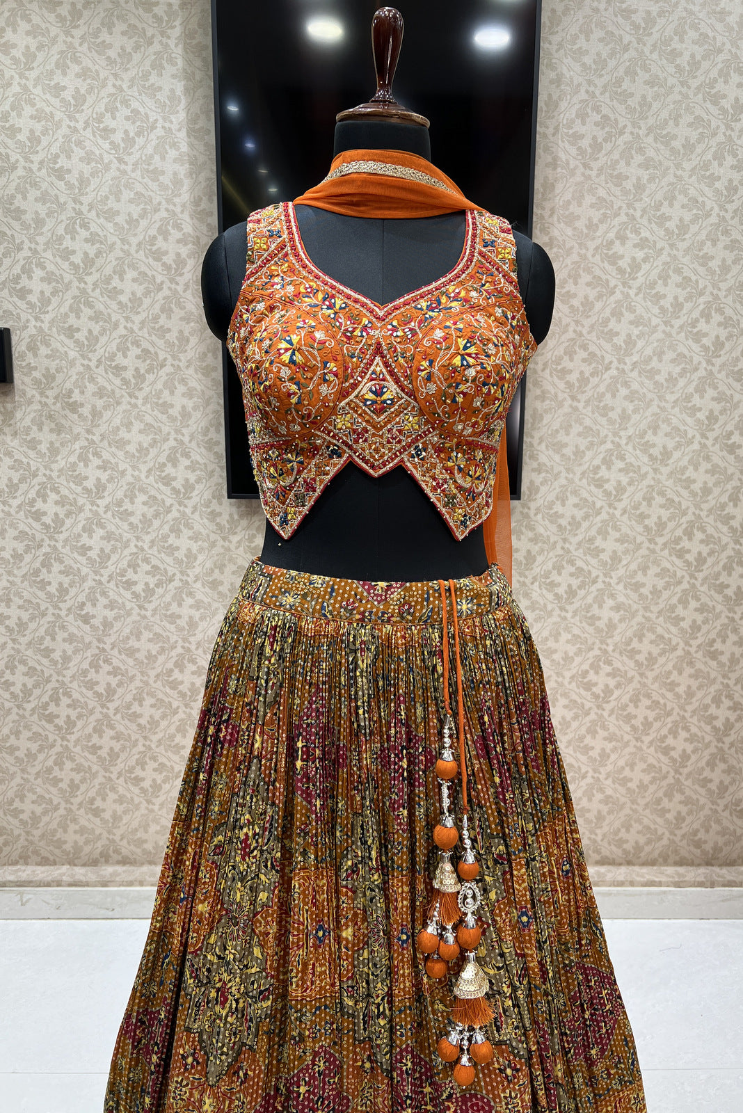 Rust Mirror, Sequins, Zari, Embroidery and Banaras work with Bandini Print Crop Top Lehenga