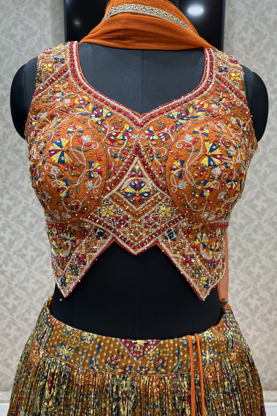 Rust Mirror, Sequins, Zari, Embroidery and Banaras work with Bandini Print Crop Top Lehenga