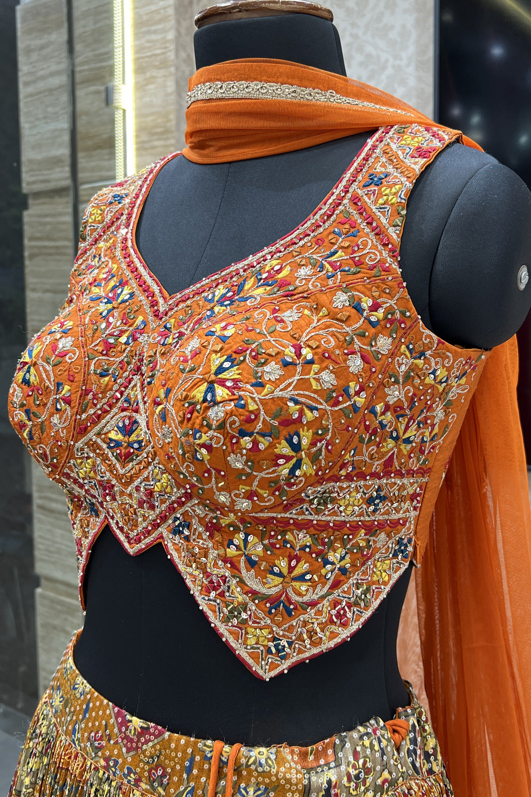 Rust Mirror, Sequins, Zari, Embroidery and Banaras work with Bandini Print Crop Top Lehenga