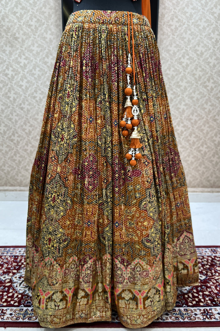 Rust Mirror, Sequins, Zari, Embroidery and Banaras work with Bandini Print Crop Top Lehenga