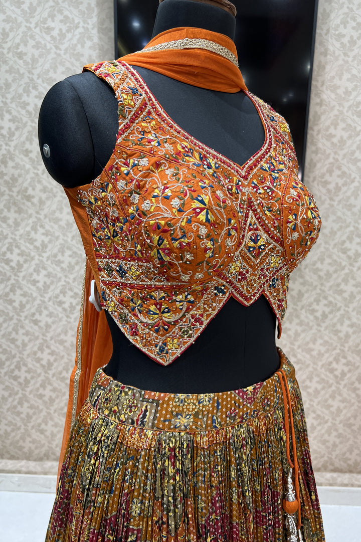 Rust Mirror, Sequins, Zari, Embroidery and Banaras work with Bandini Print Crop Top Lehenga