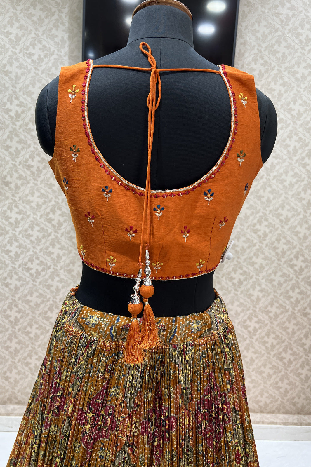 Rust Mirror, Sequins, Zari, Embroidery and Banaras work with Bandini Print Crop Top Lehenga