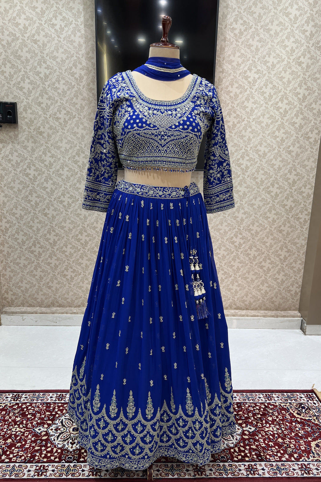 Royal Blue Zari Thread and Stone work Crop Top Lehenga