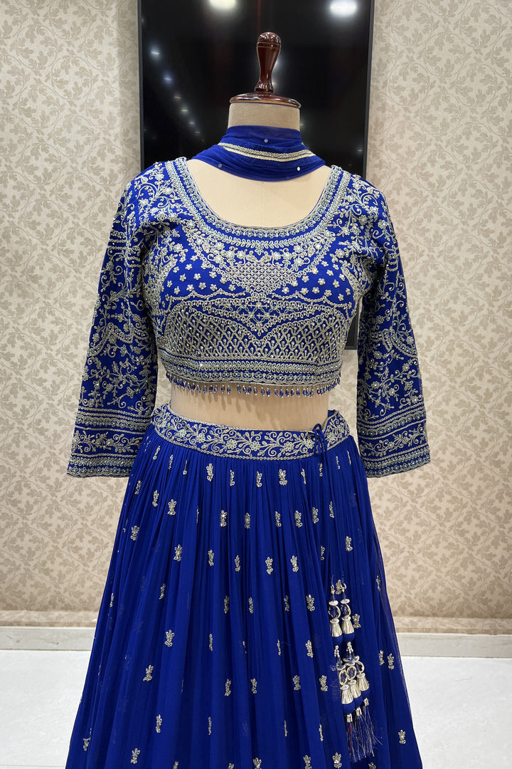 Royal Blue Zari Thread and Stone work Crop Top Lehenga