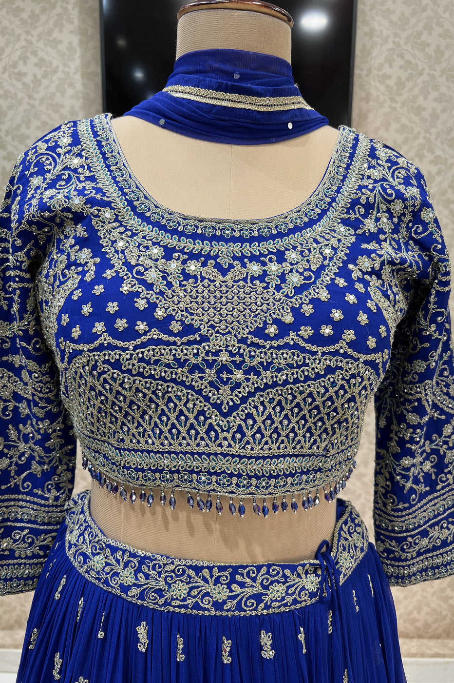 Royal Blue Zari Thread and Stone work Crop Top Lehenga