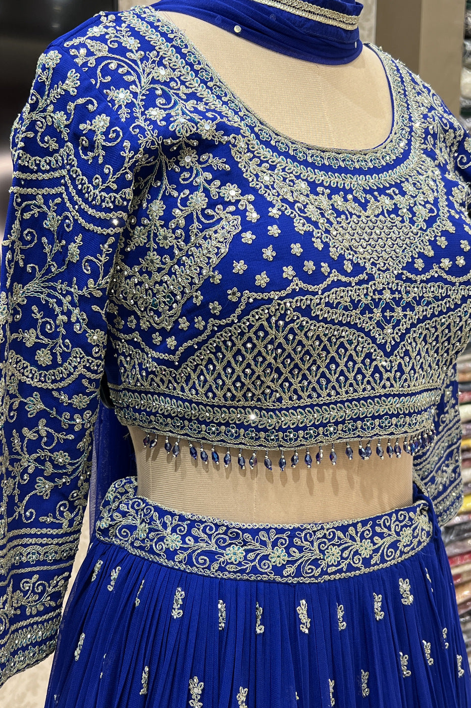 Royal Blue Zari Thread and Stone work Crop Top Lehenga