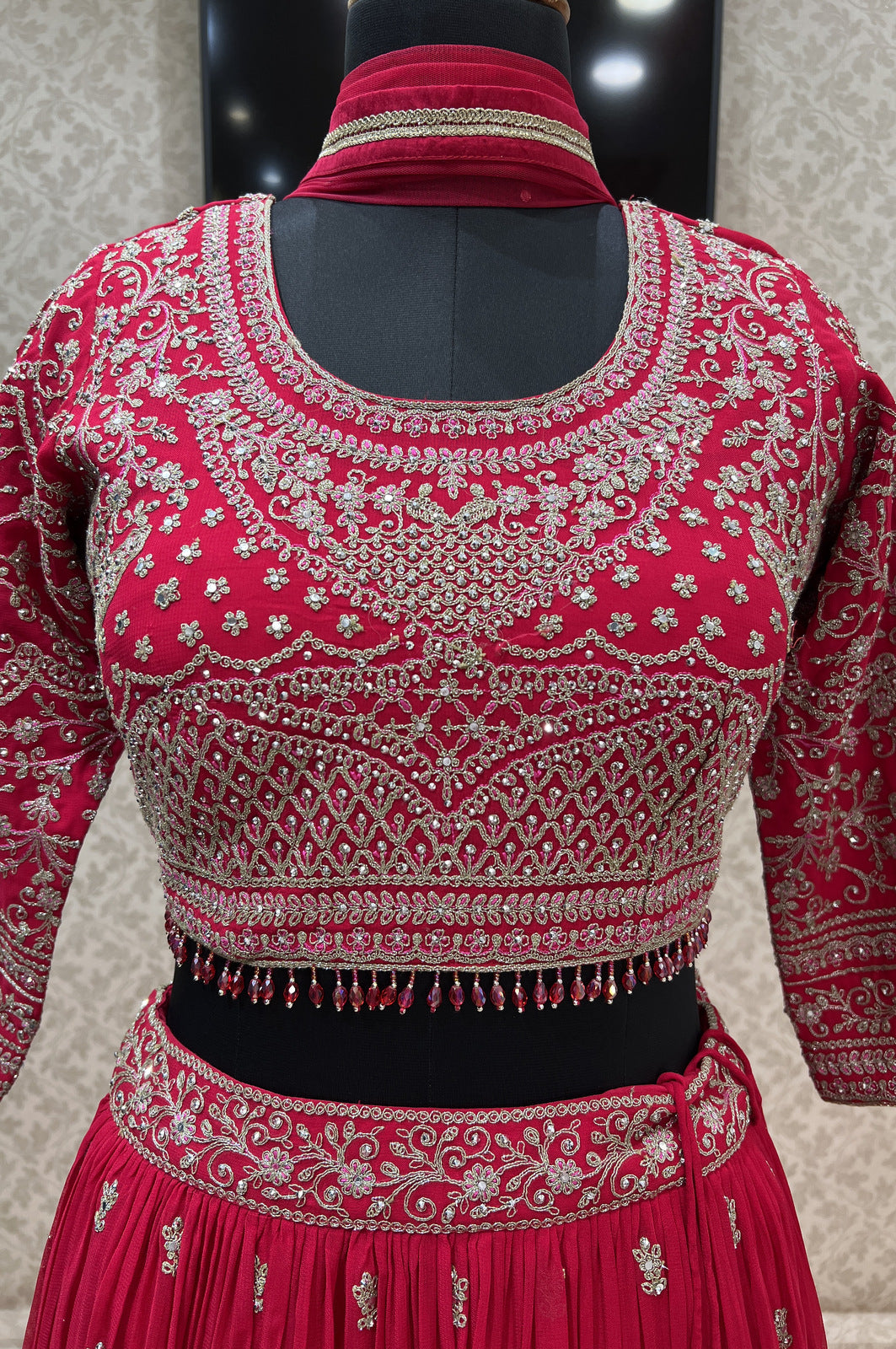 Rani Pink Zari Thread and Stone work Crop Top Lehenga