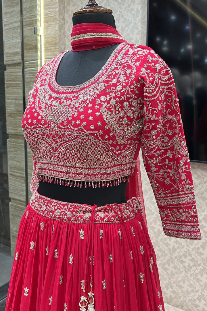 Rani Pink Zari Thread and Stone work Crop Top Lehenga