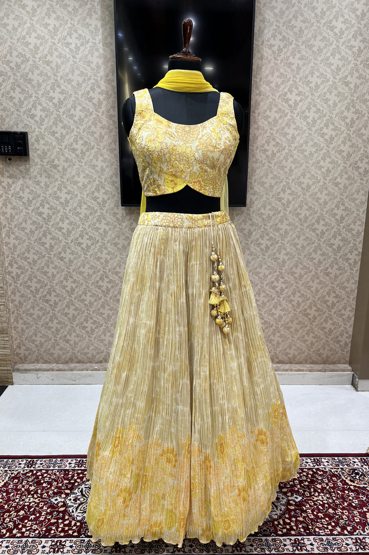 Lemon Yellow Zari Thread and Sequins work with Digital Print Crop Top Lehenga