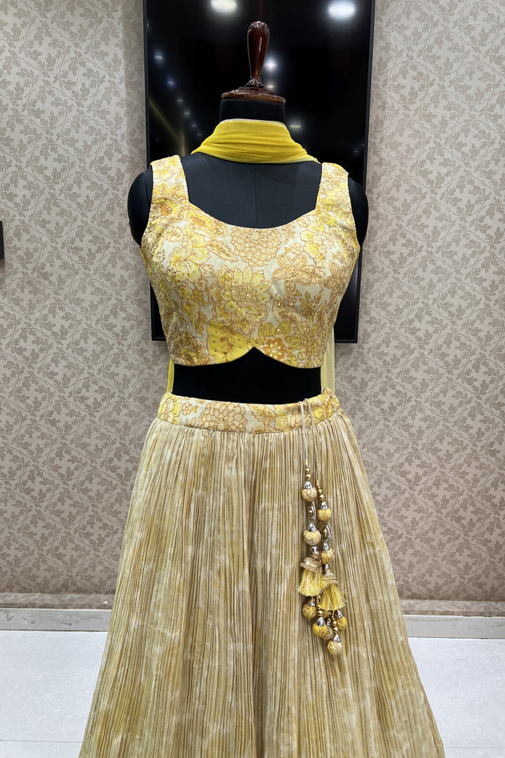 Lemon Yellow Zari Thread and Sequins work with Digital Print Crop Top Lehenga