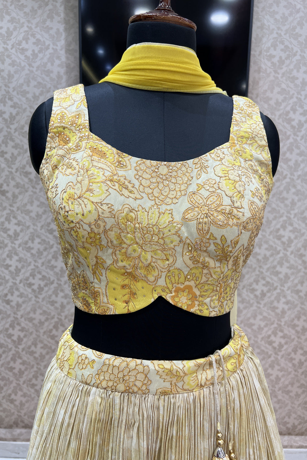 Lemon Yellow Zari Thread and Sequins work with Digital Print Crop Top Lehenga