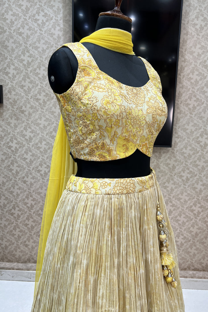 Lemon Yellow Zari Thread and Sequins work with Digital Print Crop Top Lehenga