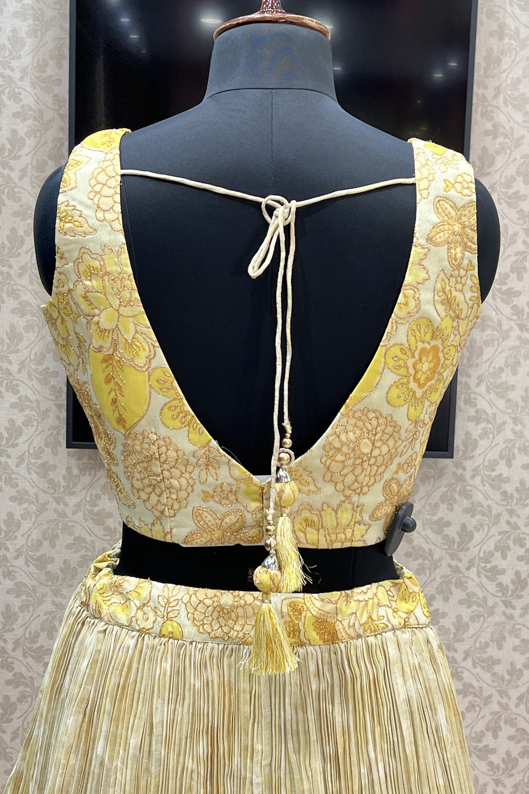 Lemon Yellow Zari Thread and Sequins work with Digital Print Crop Top Lehenga