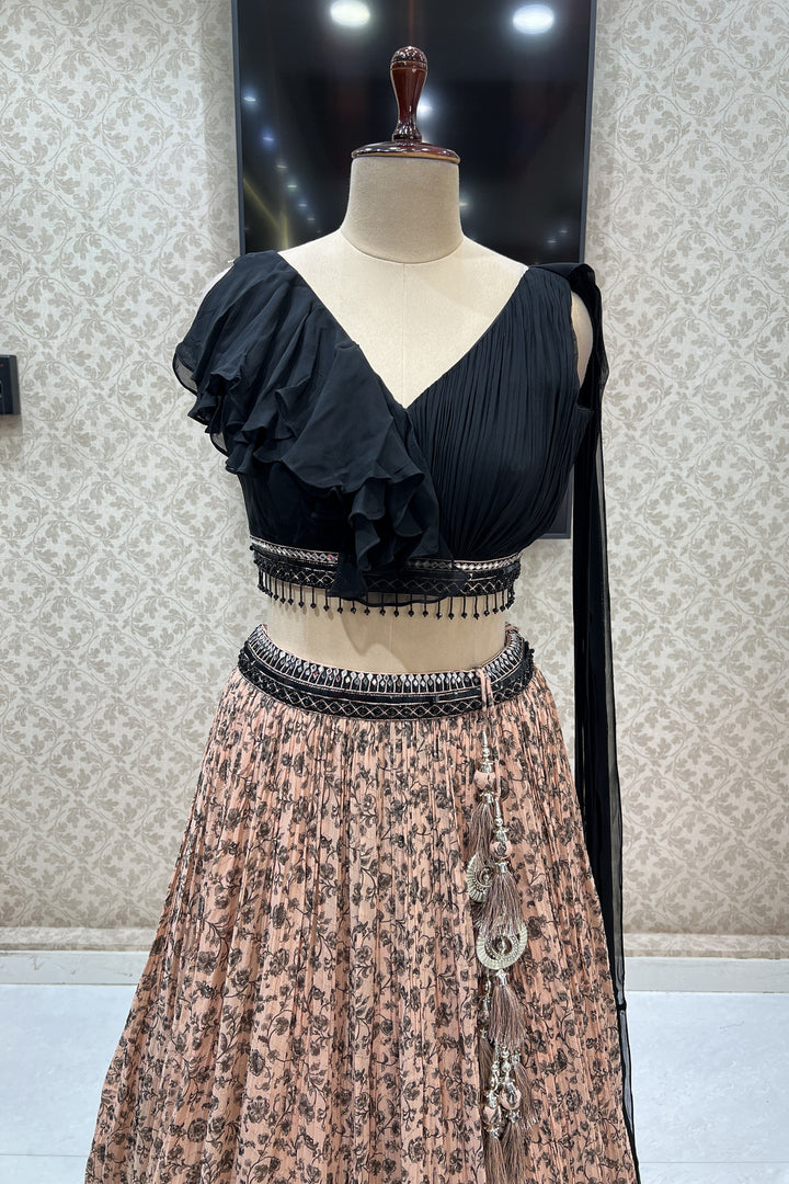 Black with Peach Mirror, Beads and Sequins work with Digital Print Crop Top Lehenga