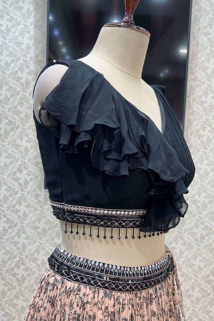 Black with Peach Mirror, Beads and Sequins work with Digital Print Crop Top Lehenga