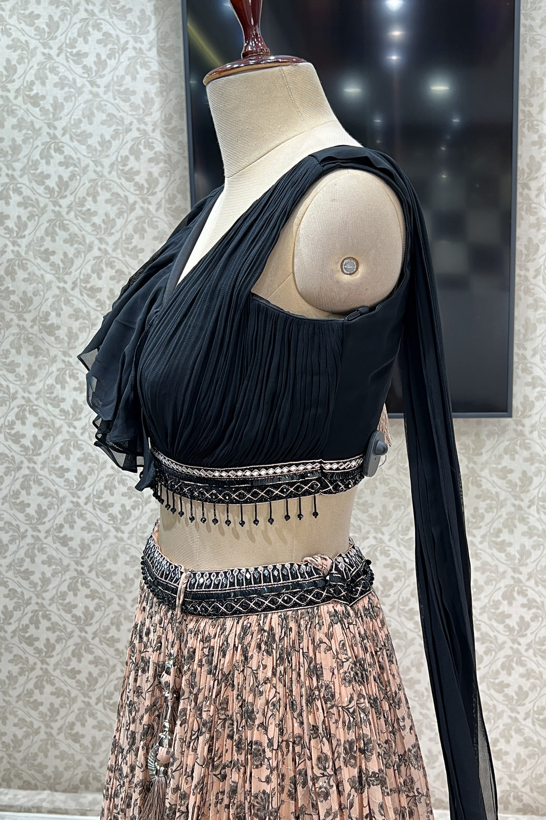 Black with Peach Mirror, Beads and Sequins work with Digital Print Crop Top Lehenga