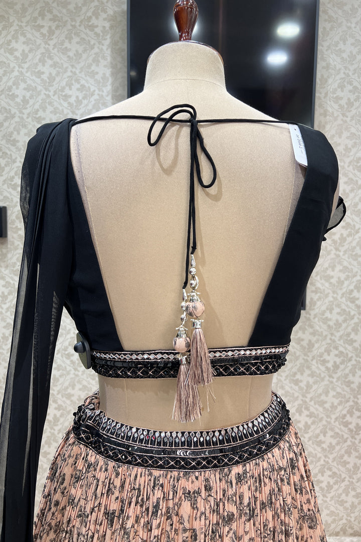 Black with Peach Mirror, Beads and Sequins work with Digital Print Crop Top Lehenga