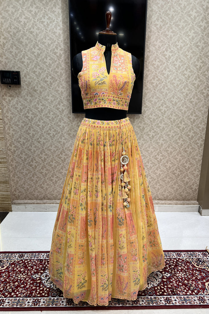 Yellow Multicolor Embroidery work with Digital Print Crop Top Lehenga