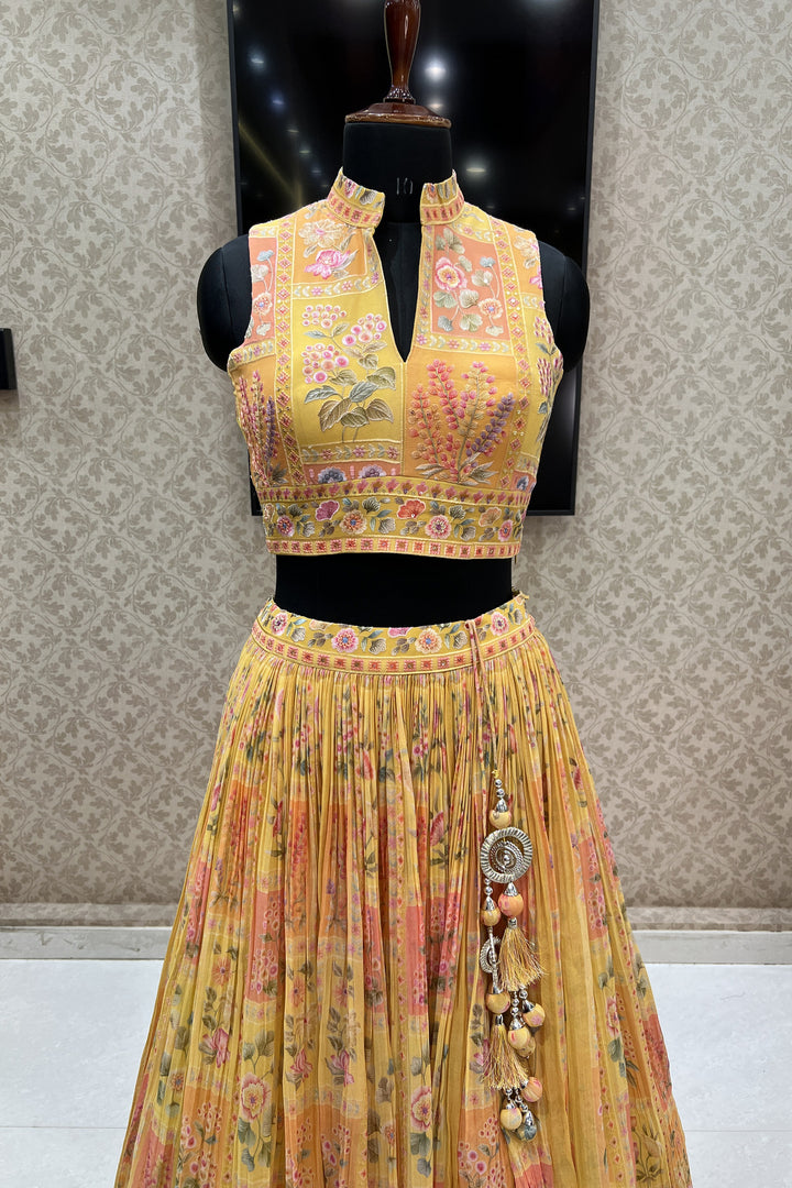 Yellow Multicolor Embroidery work with Digital Print Crop Top Lehenga