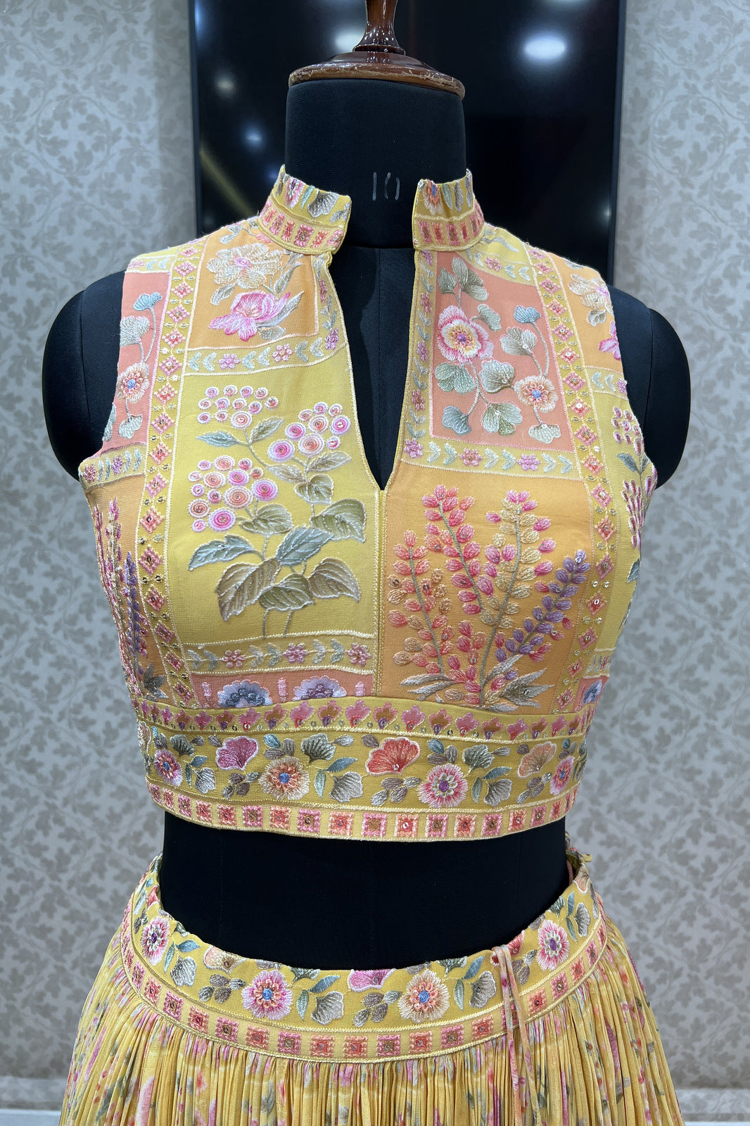 Yellow Multicolor Embroidery work with Digital Print Crop Top Lehenga