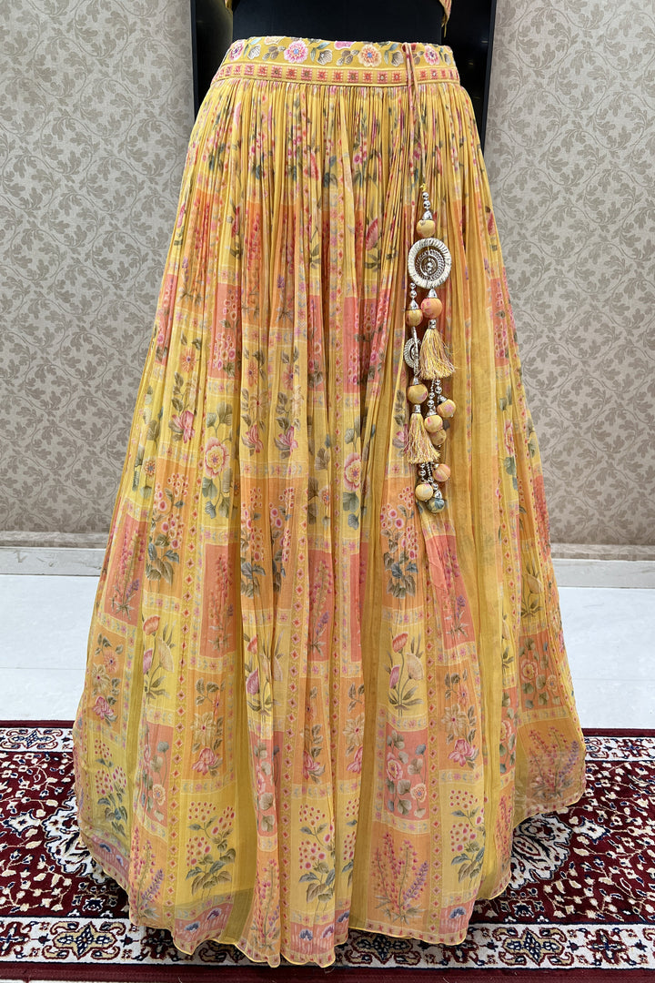 Yellow Multicolor Embroidery work with Digital Print Crop Top Lehenga